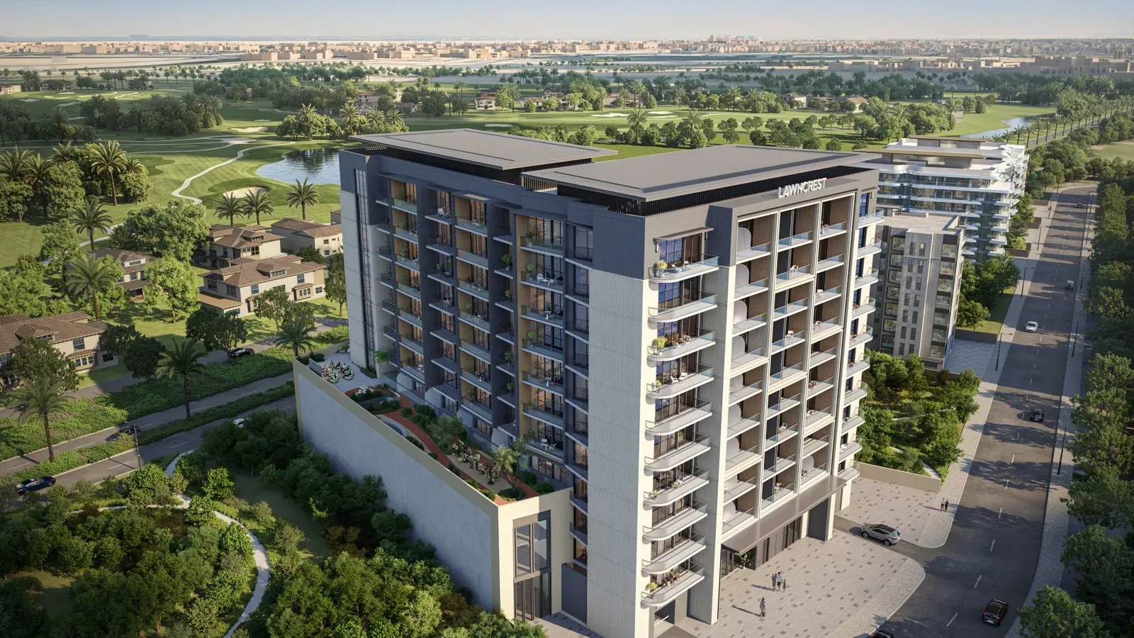 Illustration du promoteur : la résidence Lawncrest face aux fairways de Jumeirah Golf Estates