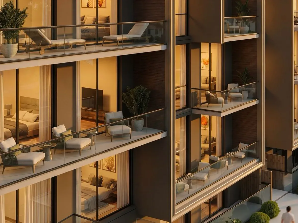 Illustration du promoteur : terrasses et balcons au coucher du soleil