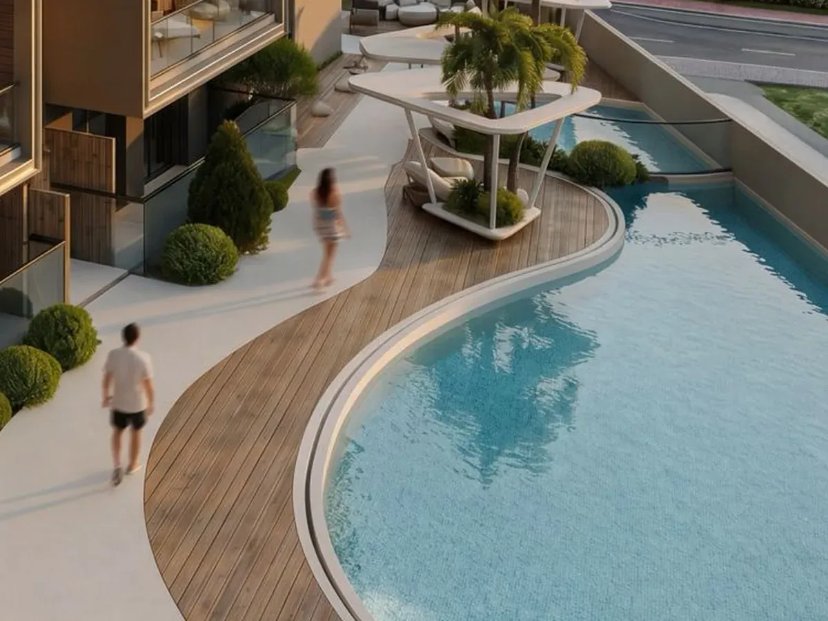 Illustration du promoteur : la piscine sur podium, ouverte sur le golf