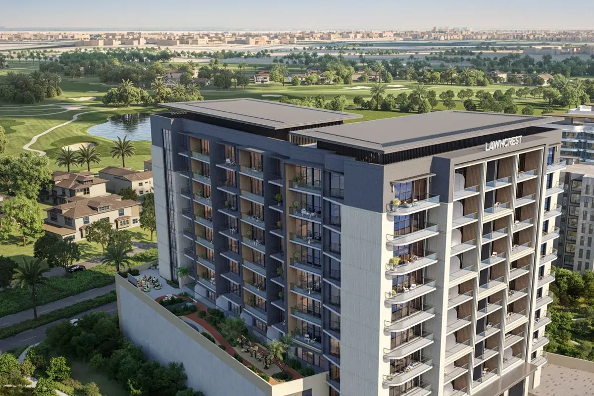 Illustration du promoteur : les fairways et lacs de Jumeirah Golf Estates, face à Lawncrest